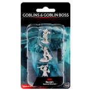 D&D: Nolzur's Marvelous Minis: Goblins & Goblin Boss - Set of three unpainted gray plastic Dungeons & Dragons goblin miniatures, featuring two goblins and one goblin boss with.