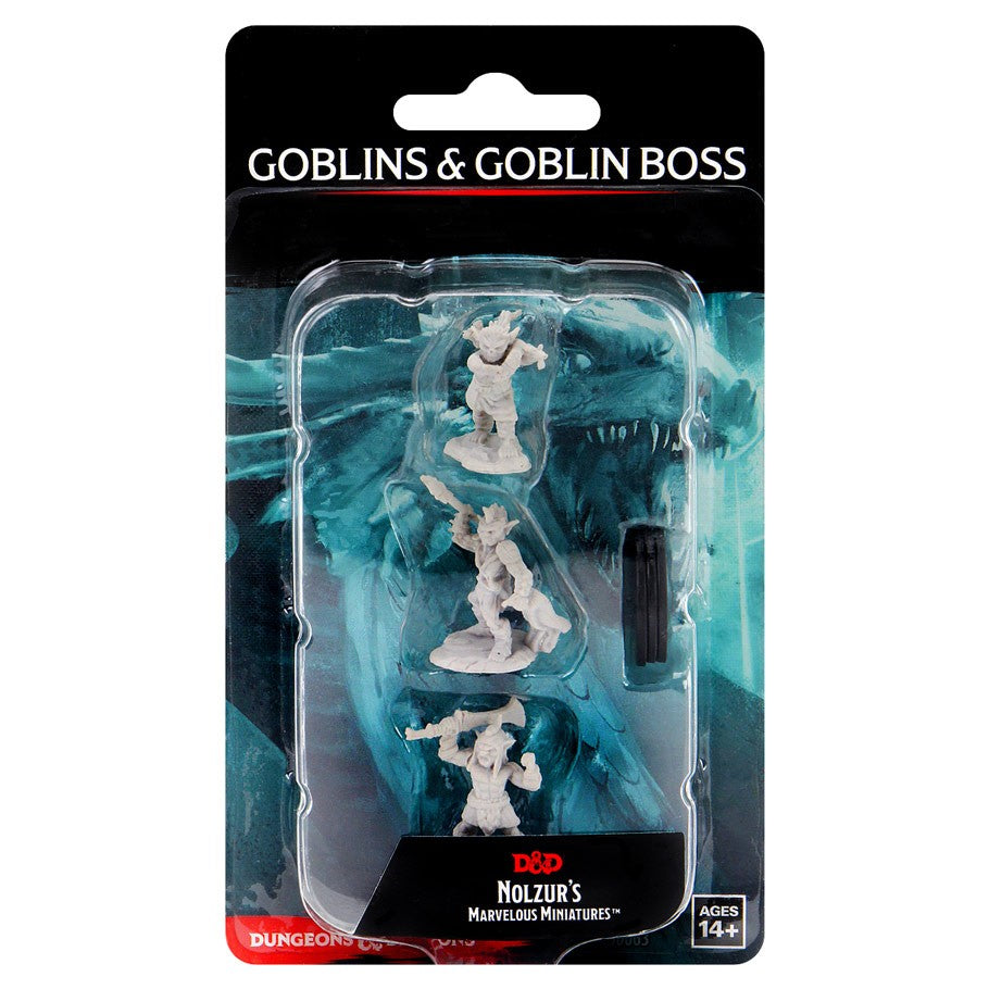 D&D: Nolzur's Marvelous Minis: Goblins & Goblin Boss - Set of three unpainted gray plastic Dungeons & Dragons goblin miniatures, featuring two goblins and one goblin boss with.