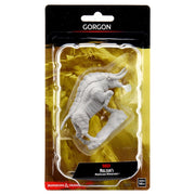 D&D: Nolzur's Marvelous Minis: Gorgon W12 - Unpainted gray plastic miniature of a four-legged Gorgon creature with curled horns in blister packaging.