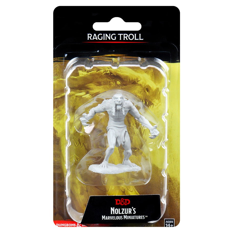 Dungeons & Dragons: Nolzur's Marvelous Minis: Raging Troll - Unpainted gray plastic Raging Troll miniature figure with muscular build in blister pack.