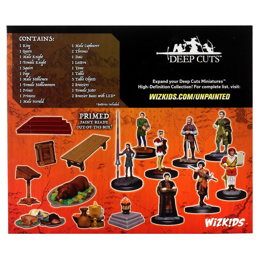 Wizkids Deep Cuts Miniatures: Towns People: Royal Court - Unpainted miniature figures including a king, queen, knights, and nobles with accessories like a chest, table, and roasted.