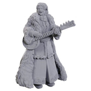 D&D Nolzur's Marvelous Miniatures: Ansalon Human Bard - Gray resin miniature of a robed human bard playing a lute, wearing a detailed fur cloak and ornate pants.