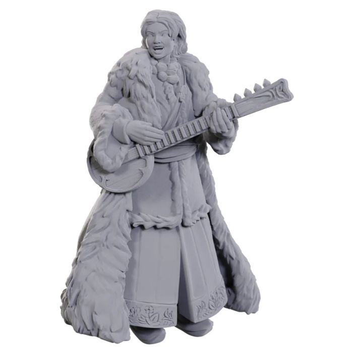 D&D Nolzur's Marvelous Miniatures: Ansalon Human Bard - Gray resin miniature of a robed human bard playing a lute, wearing a detailed fur cloak and ornate pants.