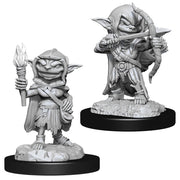 Pathfinder Battles Deep Cuts: Goblin Rogue Female - Two unpainted goblin rogue miniatures, one holding a lit torch and a dagger, the other aiming a bow with a quiver on its.