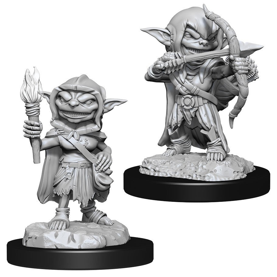 Pathfinder Battles Deep Cuts: Goblin Rogue Female - Two unpainted goblin rogue miniatures, one holding a lit torch and a dagger, the other aiming a bow with a quiver on its.