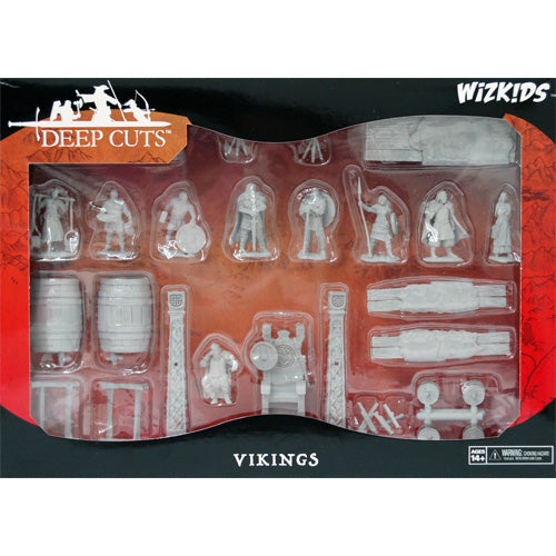 Wizkids Deep Cuts Miniatures: Vikings - Set of unpainted plastic Viking miniatures and accessories including warriors, shields, weapons, and barrels in clear.