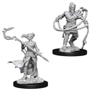 Magic The Gathering: Stoneforge Mystic and Hookmaster - Gray unpainted fantasy miniatures showing Stoneforge Mystic with a spear and flowing cape, and Hookmaster wielding a hooked.
