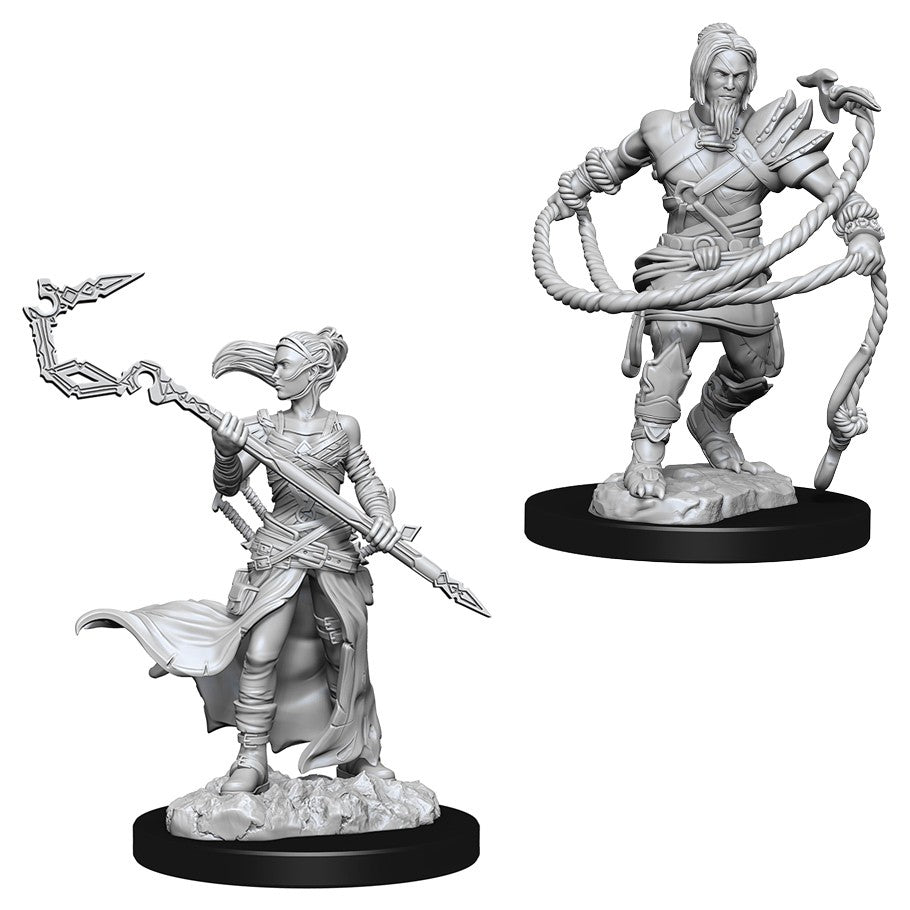 Magic The Gathering: Stoneforge Mystic and Hookmaster - Gray unpainted fantasy miniatures showing Stoneforge Mystic with a spear and flowing cape, and Hookmaster wielding a hooked.
