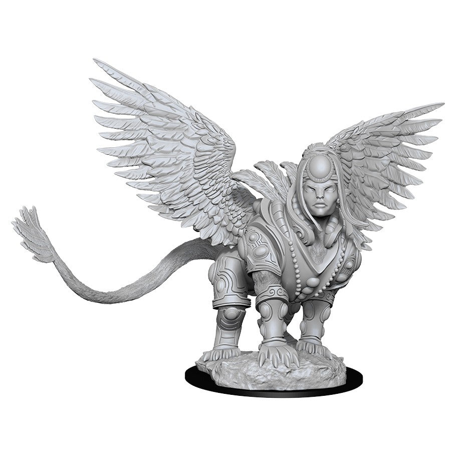 Magic The Gathering: Isperia, Law Incarnate - Gray unpainted resin miniature of winged sphinx with humanoid female face and lion body, detailed feathers and armor.