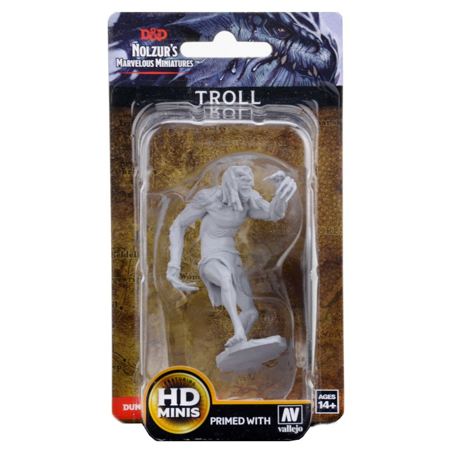 Dungeons & Dragons: Nolzur's Marvelous Minis: Troll - Unpainted gray troll miniature figure with clawed hands and hunched posture in clear blister pack.