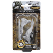 Pathfinder Battles Deep Cuts: Silver Dragon W12.5 (Unpainted) - Unpainted silver dragon miniature with wings spread, crafted in gray resin, for tabletop gaming.