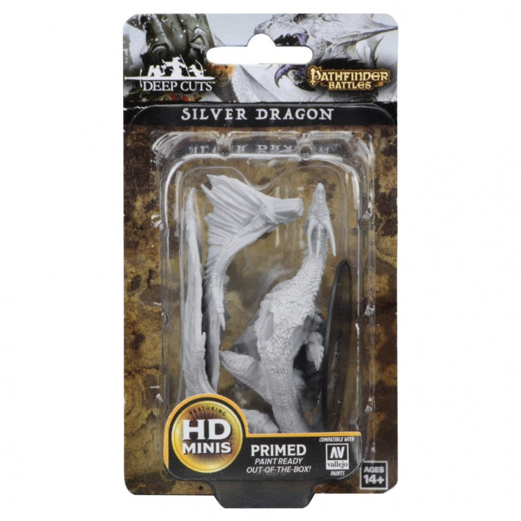 Pathfinder Battles Deep Cuts: Silver Dragon W12.5 (Unpainted) - Unpainted silver dragon miniature with wings spread, crafted in gray resin, for tabletop gaming.