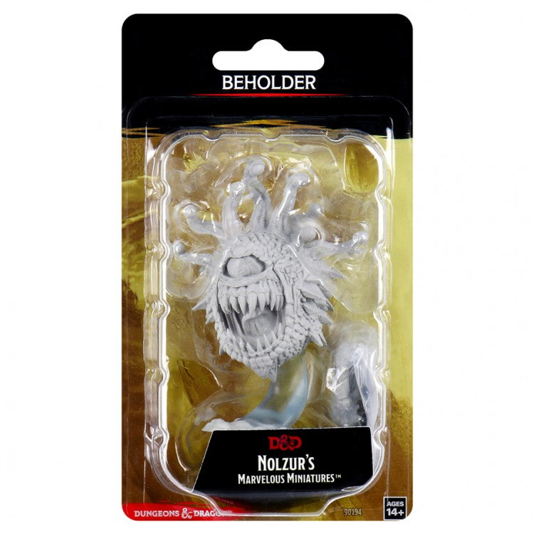 Dungeons & Dragons Nolzur’s Marvelous Unpainted: Beholder W12.5 - Unpainted white resin Dungeons & Dragons Beholder miniature with multiple eye stalks and a large central eye and toothy.