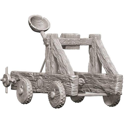 WizKids Deep Cuts: Catapult - Detailed gray resin miniature of a wooden medieval catapult with wheels and a large launching arm.