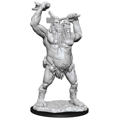 D&D Nolzur's Marvelous Minis: Ettin - Unpainted gray resin miniature of a muscular two-headed giant wielding a club, standing on textured rocky base.
