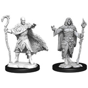 D&D Nolzur's Marvelous Miniatures: Human Druid Male - Two unpainted fantasy miniatures of human male druids, each holding a staff, wearing detailed robes and cloaks, standing on.