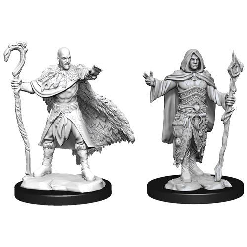 D&D Nolzur's Marvelous Miniatures: Human Druid Male - Two unpainted fantasy miniatures of human male druids, each holding a staff, wearing detailed robes and cloaks, standing on.
