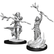 D&D Nolzur's Marvelous Minis: Human Druid Female - One in armor wielding a leafy staff, the other cloaked casting a spell with swirling energy base.