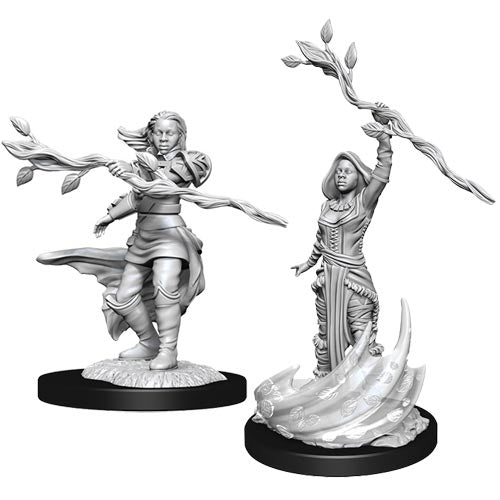 D&D Nolzur's Marvelous Minis: Human Druid Female - One in armor wielding a leafy staff, the other cloaked casting a spell with swirling energy base.