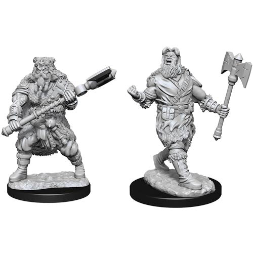 D&D: Nolzur's Marvelous Minis: Human Barbarian Male - Two unpainted gray plastic Dungeons & Dragons miniatures, one a bearded male barbarian holding a large club, the other a.
