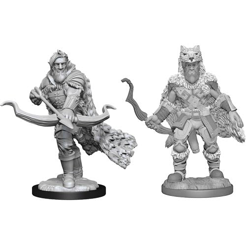 D&D Nolzur's Marvelous Miniatures: Firbolg Ranger Male - Two unpainted gray resin miniatures of fantasy firbolg rangers, one holding a bow with a flowing cloak, the other wearing.