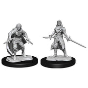 D&D Nolzur's Marvelous Miniatures: Half-Elf Rogue Female - Two gray unpainted miniatures on black bases, depicting a crouched male rogue with daggers and a standing female rogue with.