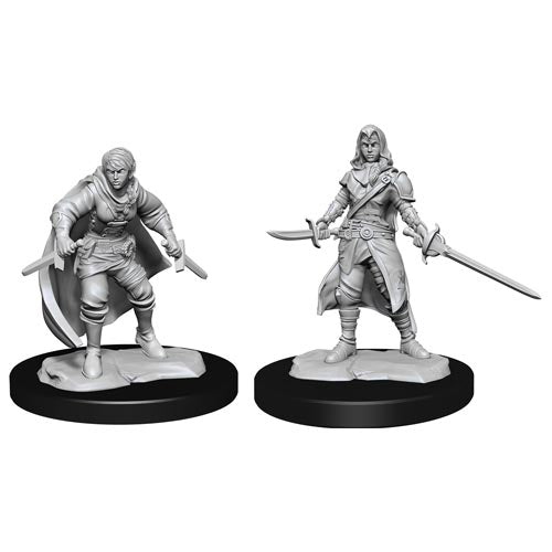 D&D Nolzur's Marvelous Miniatures: Half-Elf Rogue Female - Two gray unpainted miniatures on black bases, depicting a crouched male rogue with daggers and a standing female rogue with.