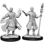 D&D: Nolzur's Marvelous Minis: Half-Elf Wizard Male - Two unpainted gray resin miniatures of a male half-elf wizard; one casting a flame with a staff, the other holding a tall.