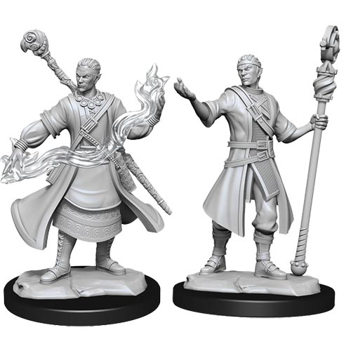 D&D: Nolzur's Marvelous Minis: Half-Elf Wizard Male - Two unpainted gray resin miniatures of a male half-elf wizard; one casting a flame with a staff, the other holding a tall.