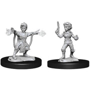 D&D Nolzur's Marvelous Miniatures: Gnome Artificer Female - Two gray unpainted plastic miniatures of female gnome artificers with outstretched arms, detailed clothing, and magical.