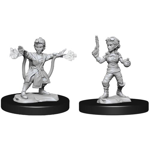 D&D Nolzur's Marvelous Miniatures: Gnome Artificer Female - Two gray unpainted plastic miniatures of female gnome artificers with outstretched arms, detailed clothing, and magical.