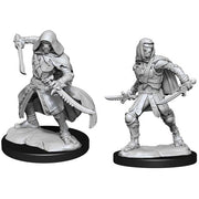 D&D Nolzur's Marvelous Minis: Warforged Rogue - Two gray unpainted fantasy miniatures featuring a cloaked warforged rogue with a curved sword and a hooded rogue holding a.
