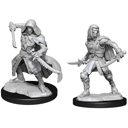 D&D Nolzur's Marvelous Minis: Warforged Rogue - Two gray unpainted fantasy miniatures featuring a cloaked warforged rogue with a curved sword and a hooded rogue holding a.