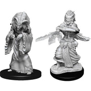 D&D Nolzur's Marvelous Miniatures: Night Hag & Dusk Hag - Two unpainted gray resin fantasy miniatures on round black bases, one cloaked figure with long hair and pointed ears, the.