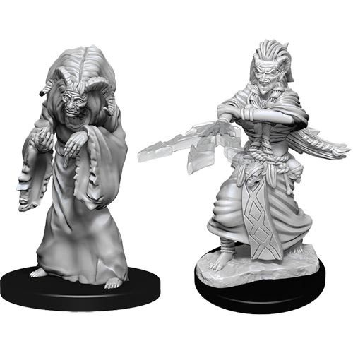D&D Nolzur's Marvelous Miniatures: Night Hag & Dusk Hag - Two unpainted gray resin fantasy miniatures on round black bases, one cloaked figure with long hair and pointed ears, the.