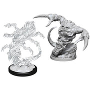 D&D Nolzur's Marvelous Miniatures: Tsucora Quori & Hashalaq Quori - Two unpainted gray resin miniatures, one ethereal swirling figure with flowing tentacle-like arms on a round black base, the
