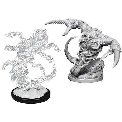 D&D Nolzur's Marvelous Miniatures: Tsucora Quori & Hashalaq Quori - Two unpainted gray resin miniatures, one ethereal swirling figure with flowing tentacle-like arms on a round black base, the