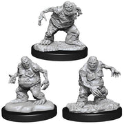 D&D Nolzur's Marvelous Minis: Manes - Three unpainted gray resin miniatures of zombie-like creatures with decayed bodies and tattered clothing on round black.