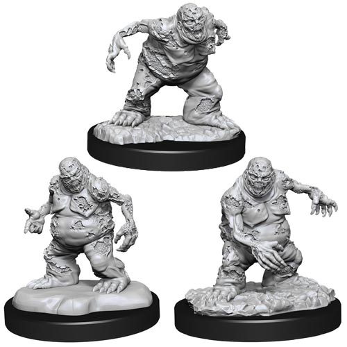 D&D Nolzur's Marvelous Minis: Manes - Three unpainted gray resin miniatures of zombie-like creatures with decayed bodies and tattered clothing on round black.