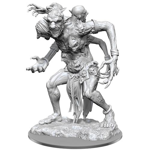 D&D Nolzur's Marvelous Minis: Dire Troll - Gray plastic miniature of a muscular two-headed troll with sharp claws and tattered loincloth on textured base.