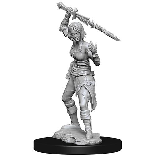 Magic the Gathering: Nahiri W14 - Unpainted gray resin miniature of female warrior holding raised sword, standing on rocky base.