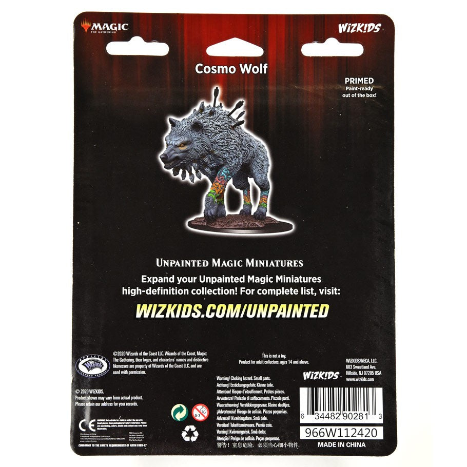 Magic The Gathering: Cosmo Wolf - Unpainted Cosmo Wolf fantasy miniature figure with detailed fur and horns on black packaging.