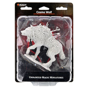 Magic The Gathering: Cosmo Wolf - Unpainted gray wolf miniature with textured fur on black display base in clear blister pack labeled Cosmo Wolf.