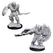D&D: Nolzur's Marvelous Minis: Dragonborn Fighter Male - Unpainted resin Dragonborn fighter miniature wielding a sword and shield, wearing scaled armor and horned helmet, standing.