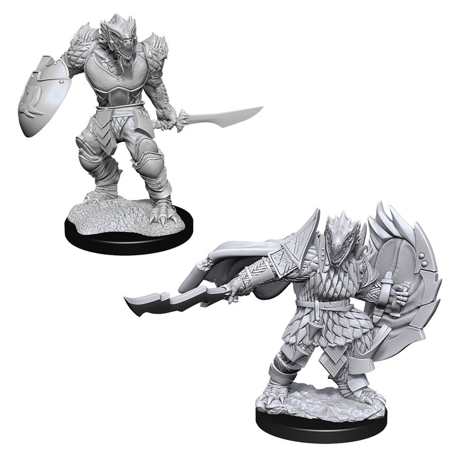 D&D: Nolzur's Marvelous Minis: Dragonborn Fighter Male - Unpainted resin Dragonborn fighter miniature wielding a sword and shield, wearing scaled armor and horned helmet, standing.