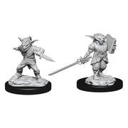 D&D Nolzur's Marvelous Minis: Goblin Rogue & Bard - A goblin rogue with dagger in a crouched stance and a goblin bard holding a sword and lute on round bases.