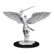 Dungeons & Dragons: Nolzur's Marvelous Minis: Planetar W15 - Unpainted miniature of winged armored warrior holding sword aloft on round black base.