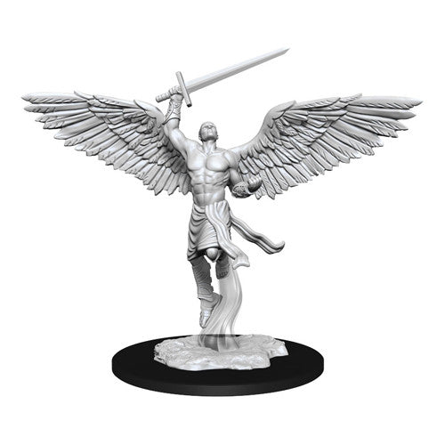 Dungeons & Dragons: Nolzur's Marvelous Minis: Planetar W15 - Unpainted miniature of winged armored warrior holding sword aloft on round black base.