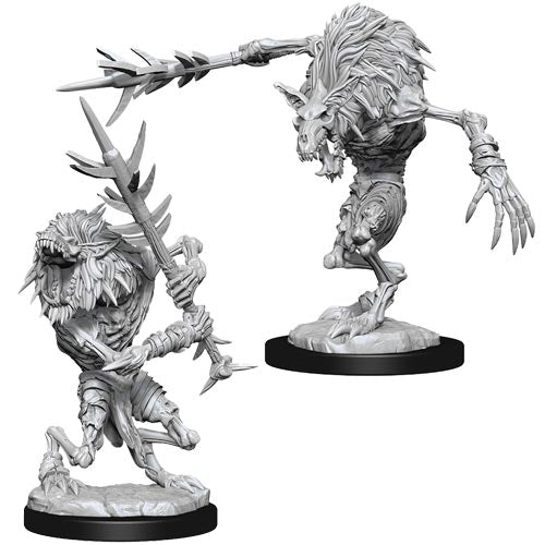 D&D Nolzur's Marvelous Miniatures: Gnoll Witherlings - Two unpainted grey plastic miniatures of gnoll creatures with spiky fur and skeletal features, each holding jagged weapons,.