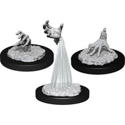 D&D Nolzur's Marvelous Miniatures: Crawling Claws - Three gray plastic miniatures of disembodied crawling claws on textured round bases, one claw elevated with translucent.